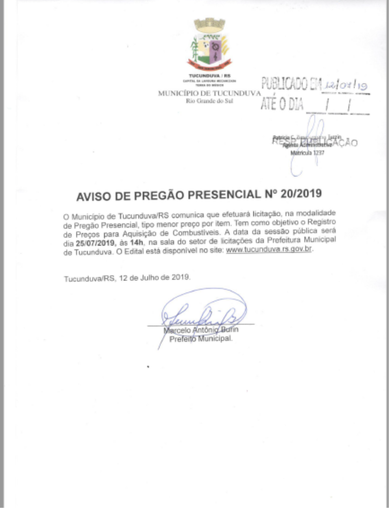 AVISO DE PREGÃO PRESENCIAL Nº 20/2019 - SRP - COMBUSTÍVEL